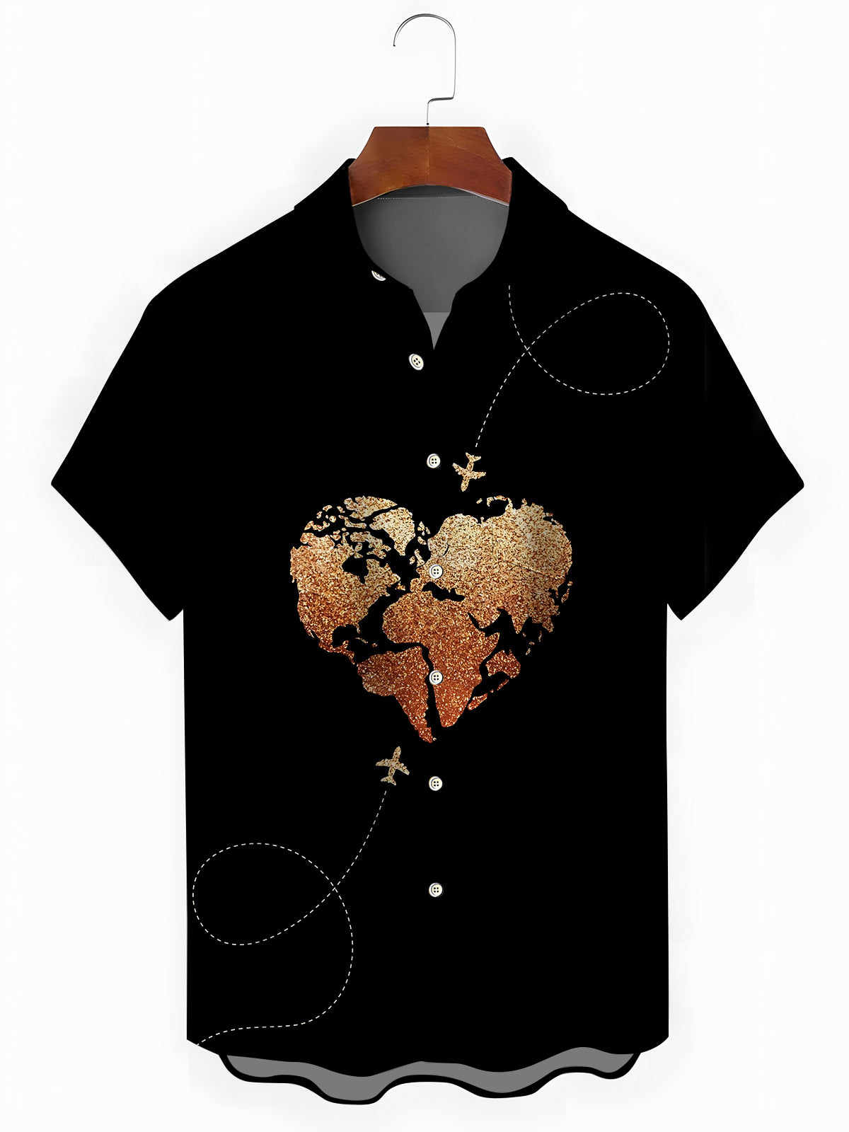 Heart Map Plane Print Men's Pocket Short Sleeve Shirts