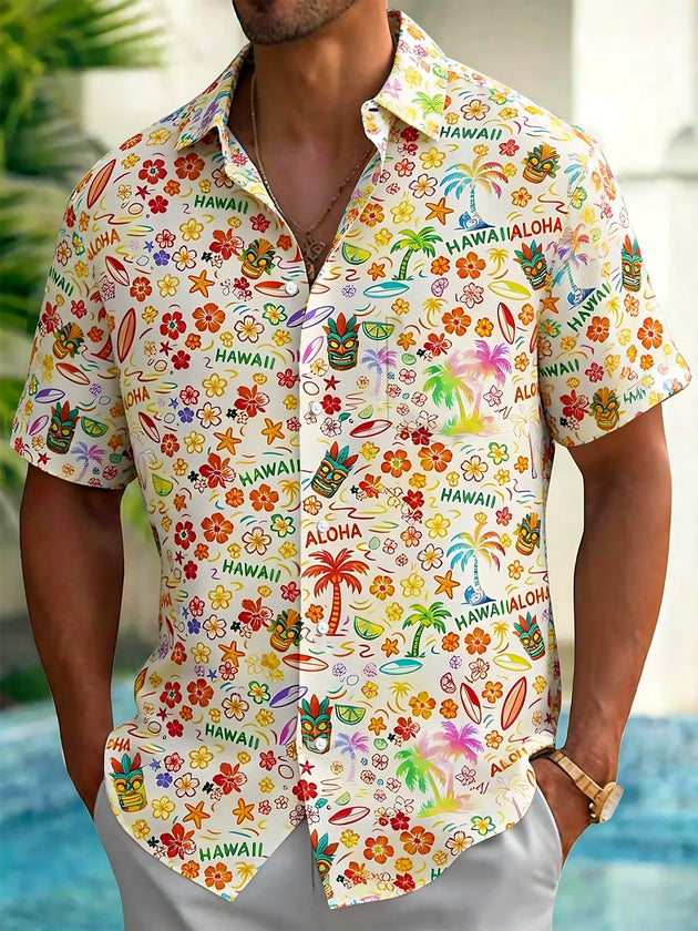 Hawaiian Tiki Coconut Tree Flower Print Men's Pocket Short Sleeve Shirts
