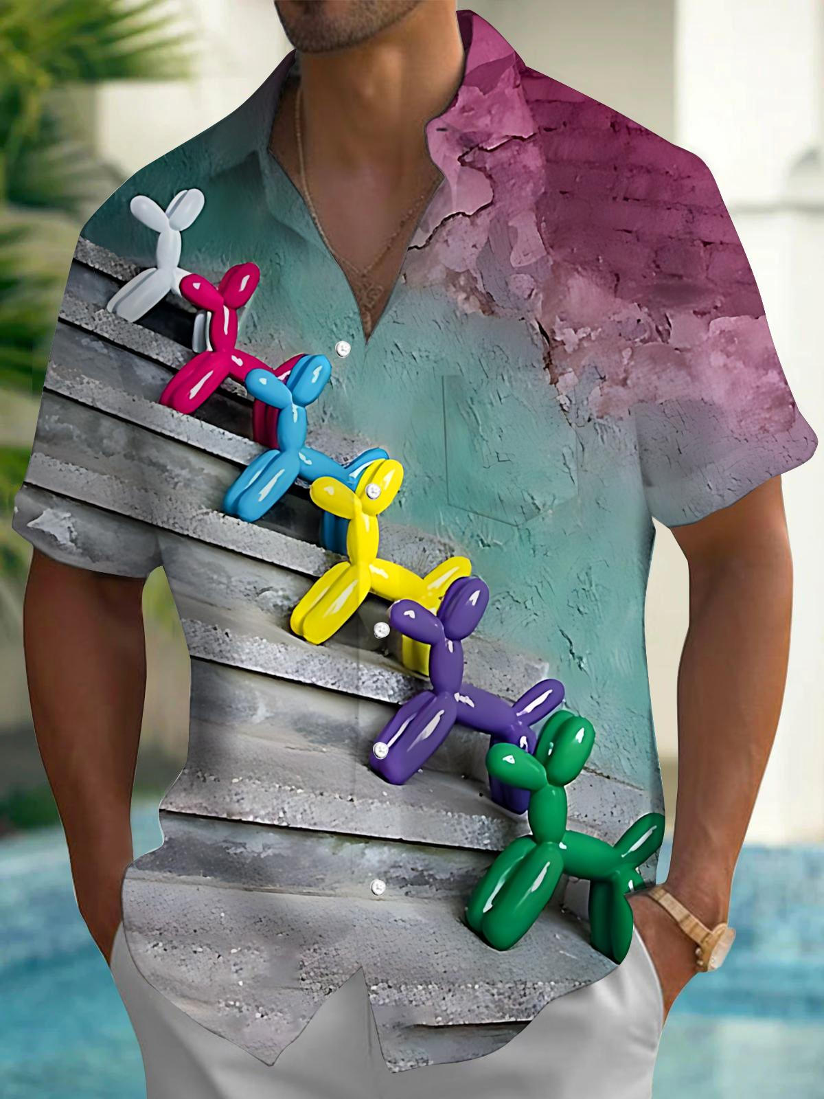 Balloon Dog Print Men's Pocket Short Sleeve Shirts