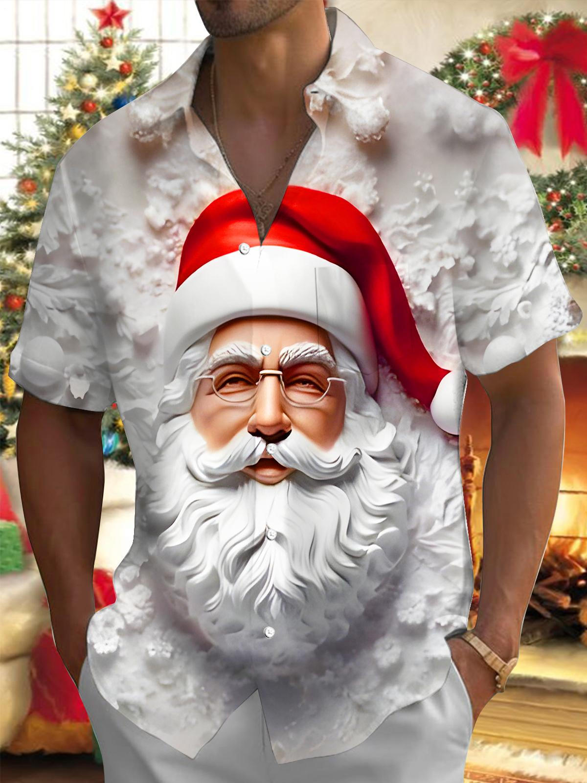 Santa Claus Art Relief Christmas Men's Pocket Short Sleeve Shirts