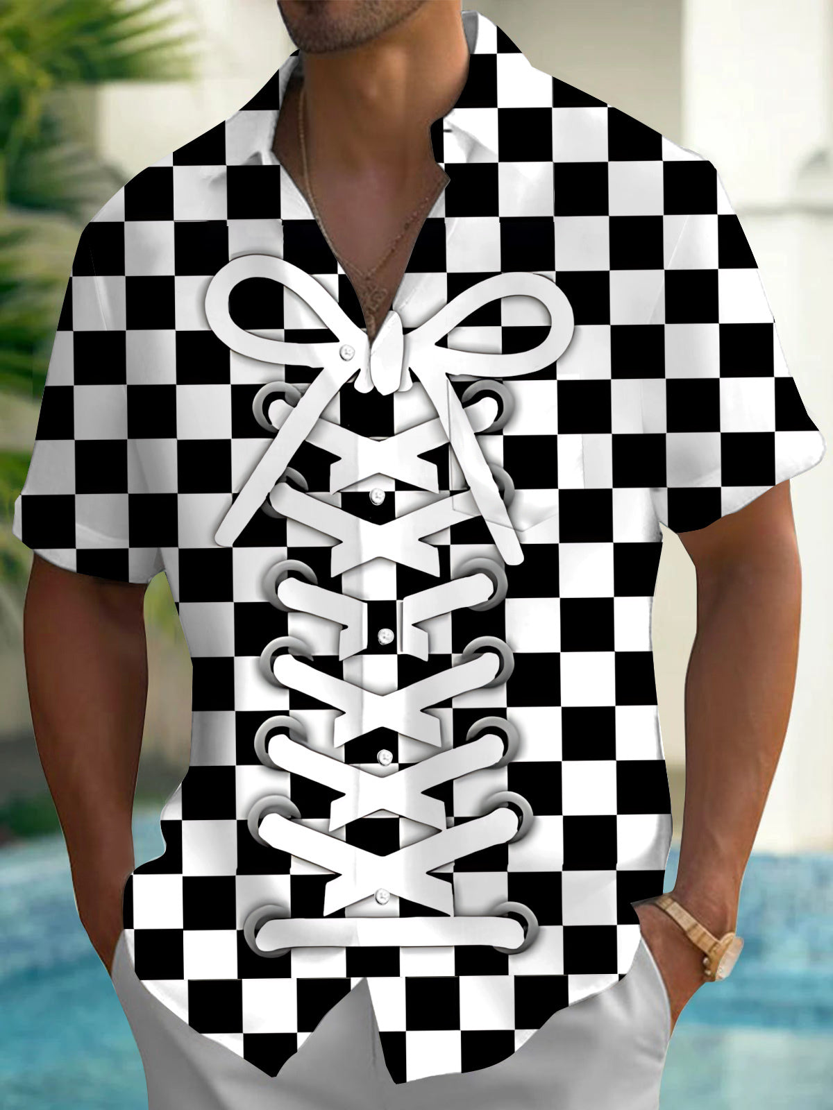 Shoelace Print Men's Pocket Short Sleeve Shirts