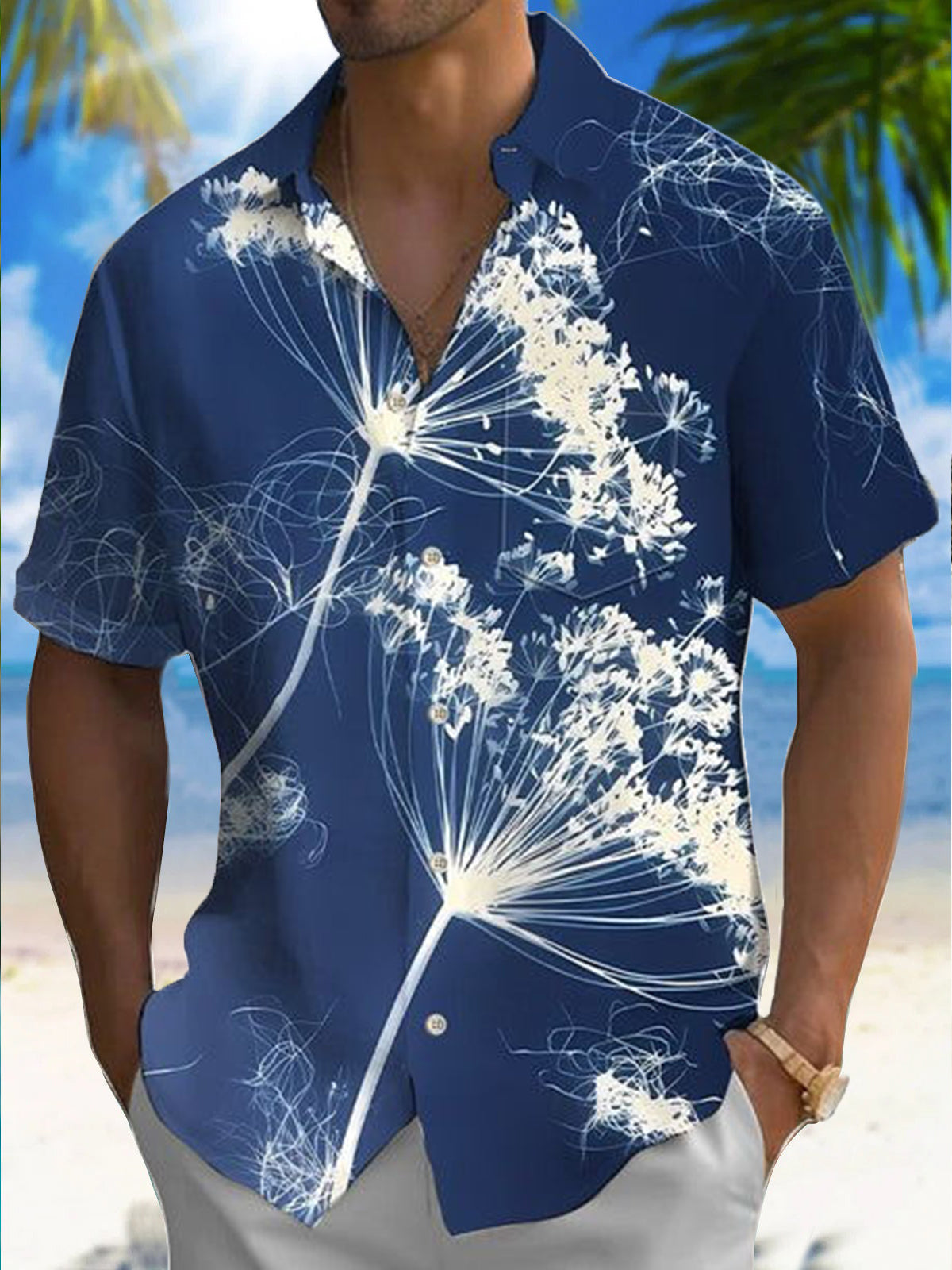 Plant Dandelion Print Men's Pocket Short Sleeve Shirts