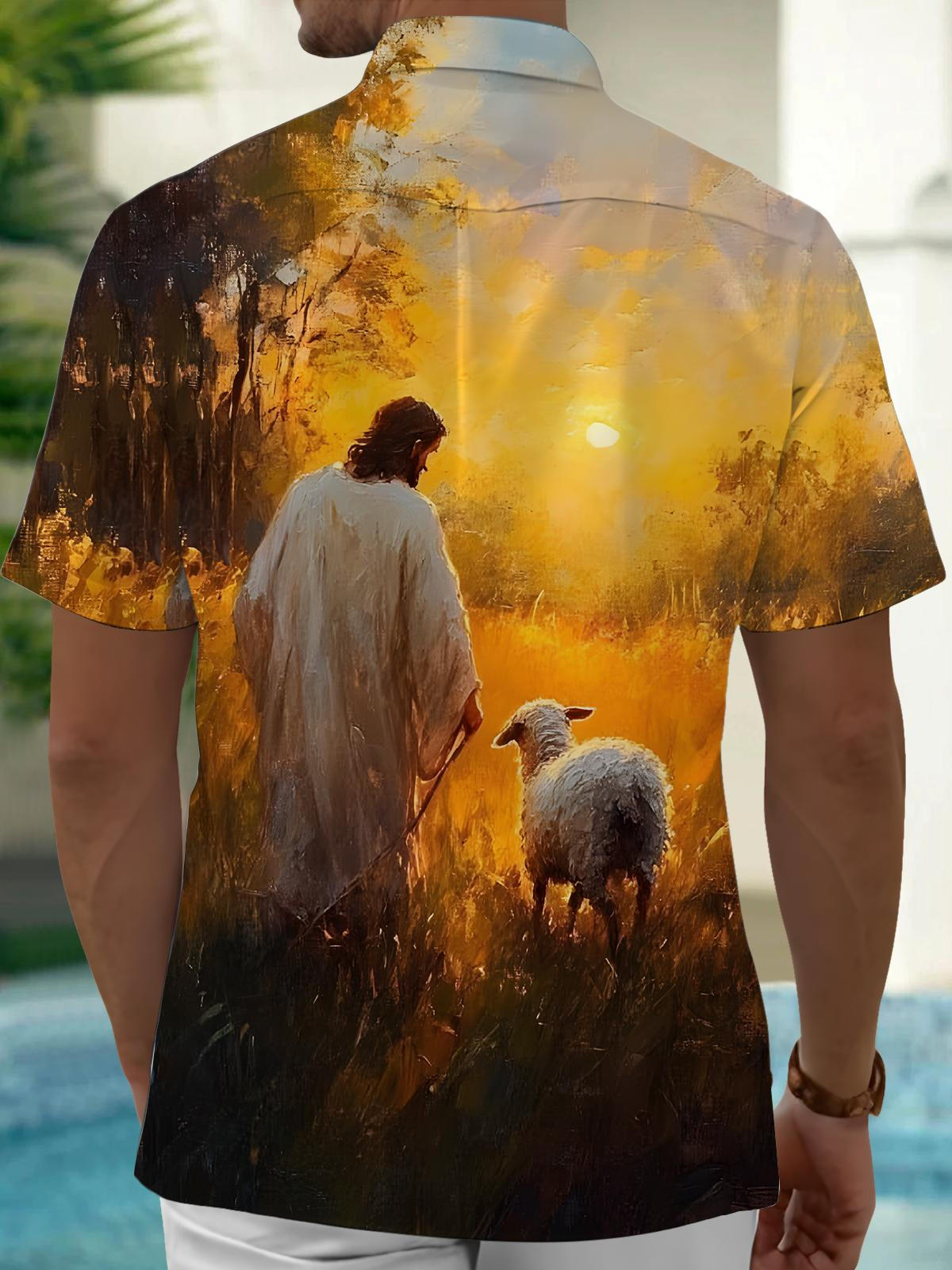 Jesus Sheep Print Men's Pocket Short Sleeve Shirts