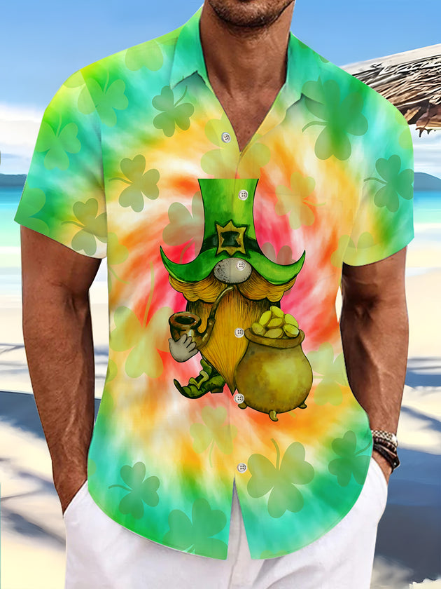 St. Patrick's Day Gnome Clover Tie Dye Print Men's Pocket Short Sleeve Shirts