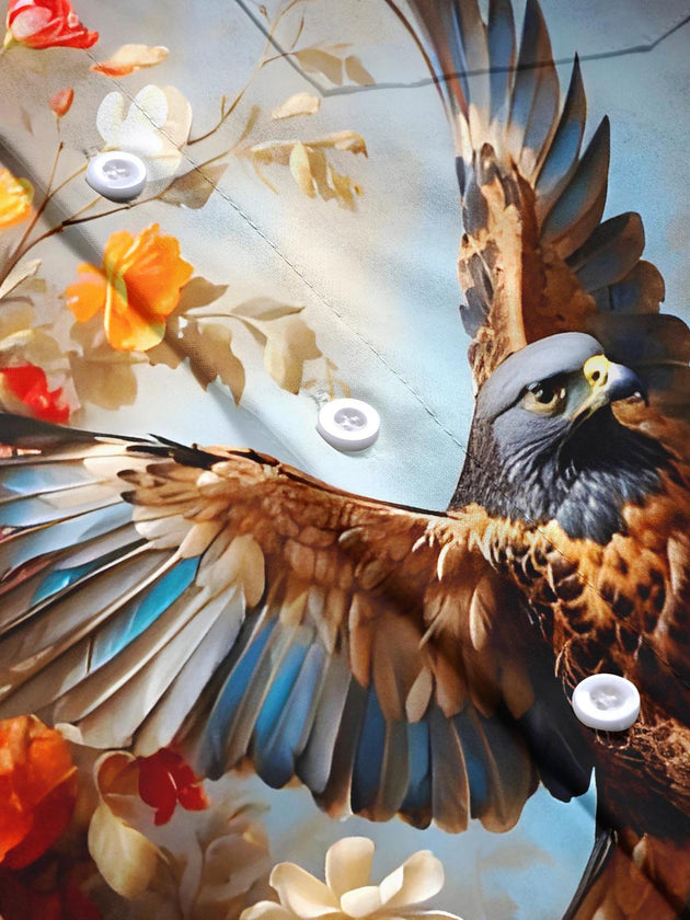 Men's eagle print short sleeve shirt close-up pocket stitching detail
