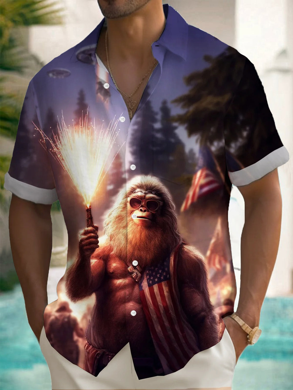 Bigfoot Independence Day American Flag Print Men's Pocket Short Sleeve Shirts