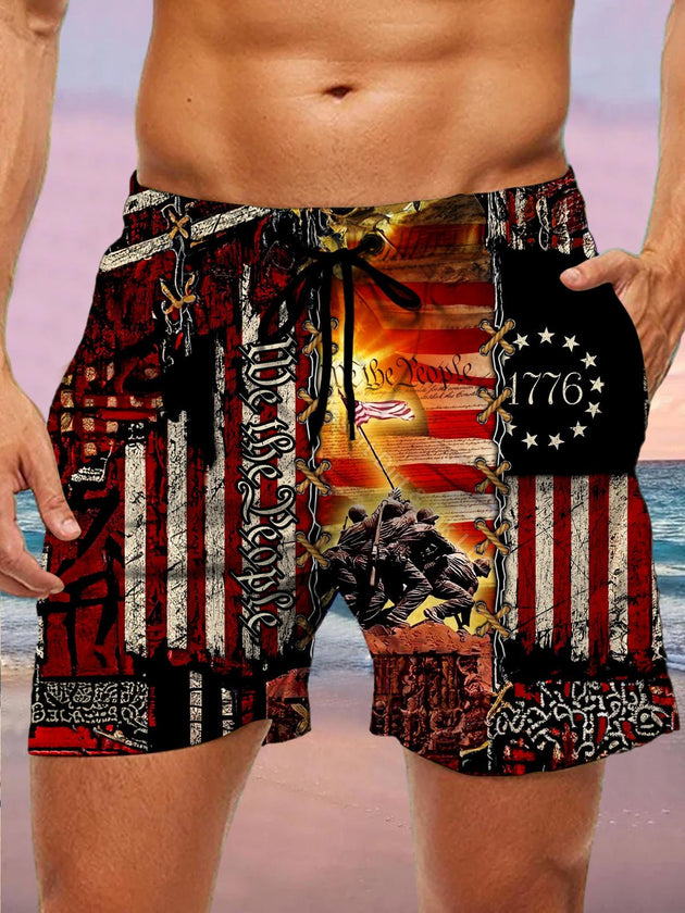 Men's American flag print casual shorts front view Independence Day
