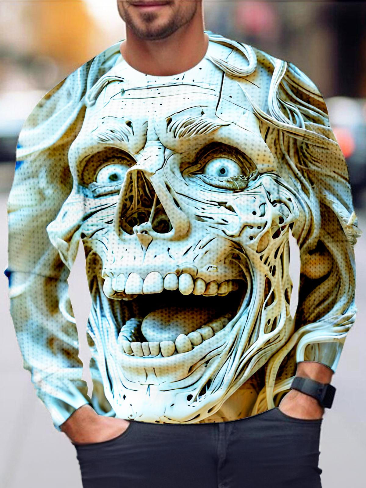 Funny Skull Art Relief Halloween Men's Long Sleeve Round Neck Tops