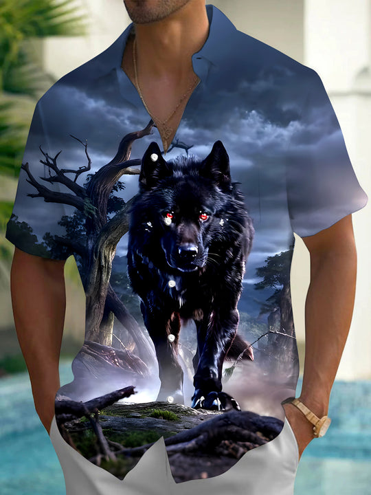 Men's animal wolf pattern short sleeve shirt front view