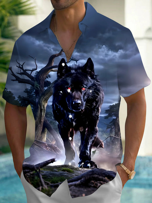 Men's animal wolf pattern short sleeve shirt front view