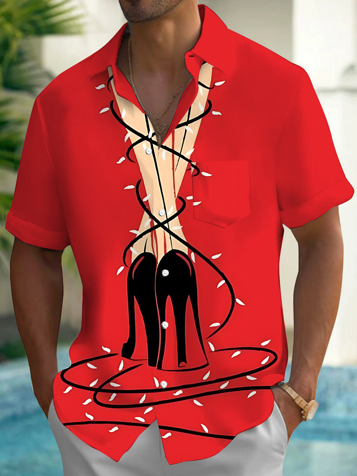 Christmas Black Heels Print Men's Pocket Short Sleeve Shirts