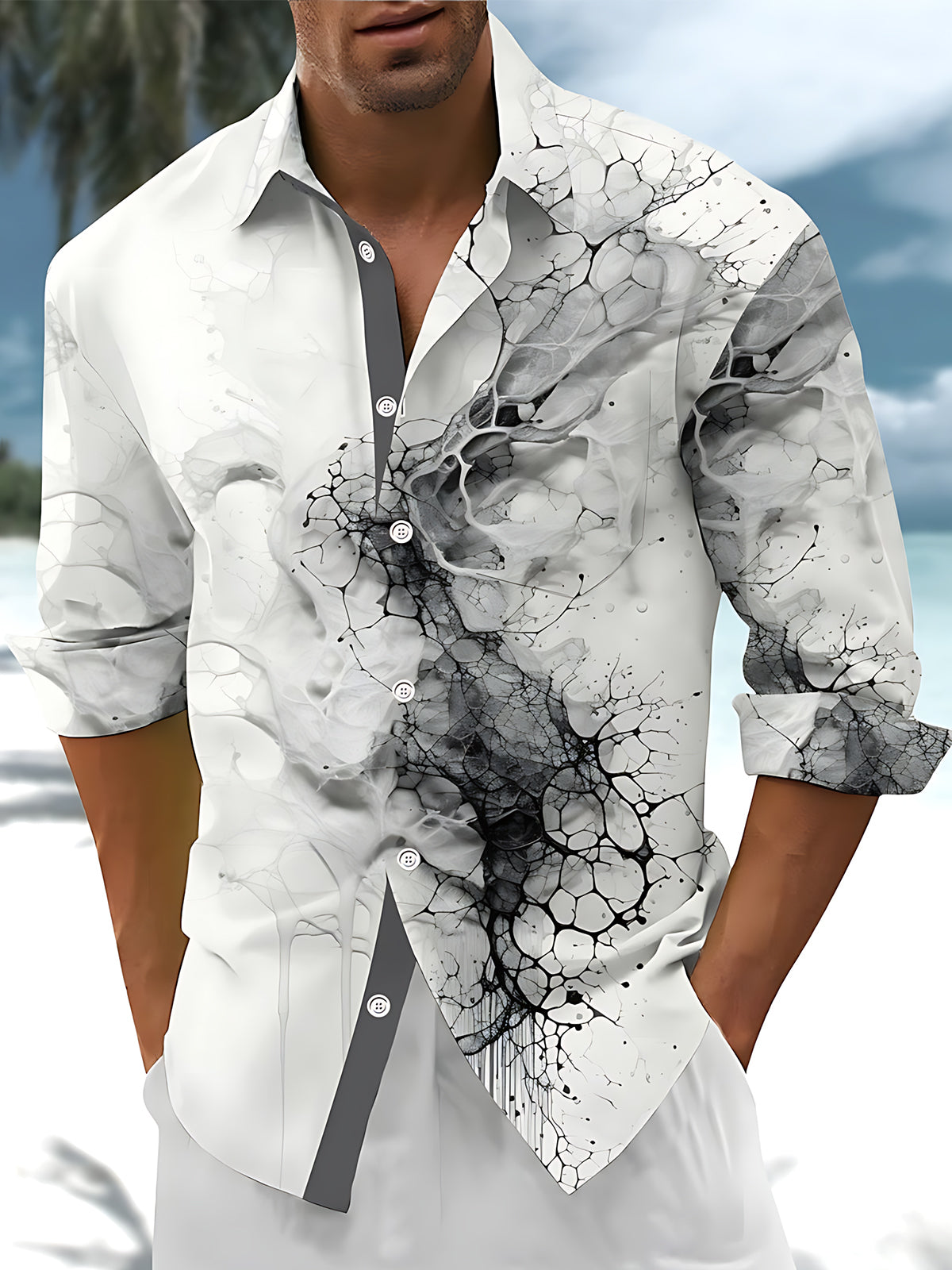Abstract Gradient Print Men's Pocket Long Sleeve Shirts