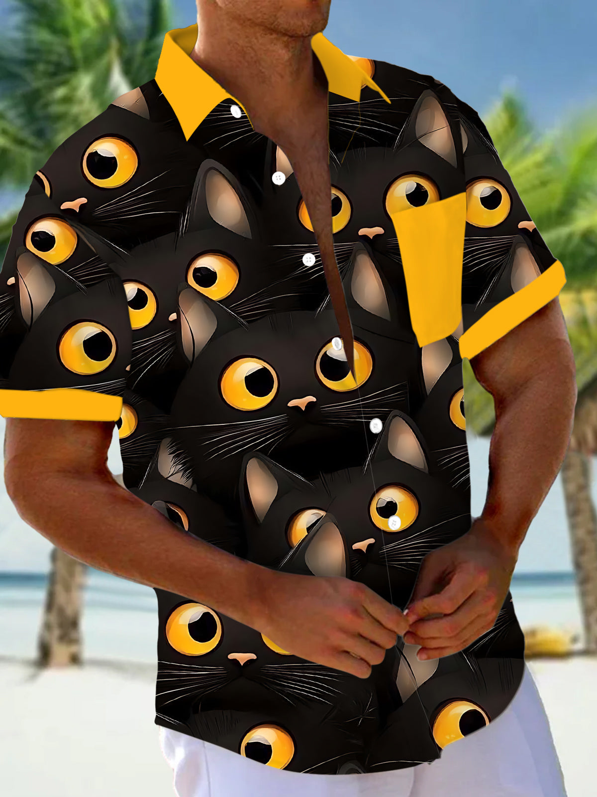 Cat Print Men's Pocket Short Sleeve Shirts