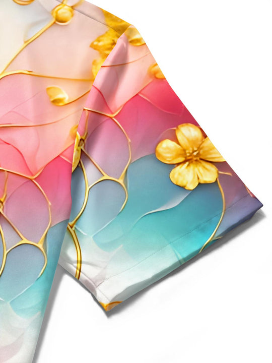 Art Golden Flower Gradient Watercolor Men's Pocket Short Sleeve Shirts