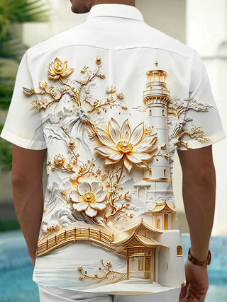 3D Art Gilded Lighthouse Lotus Landscape Pavilion Scenery Men's Pocket Short Sleeve Shirts