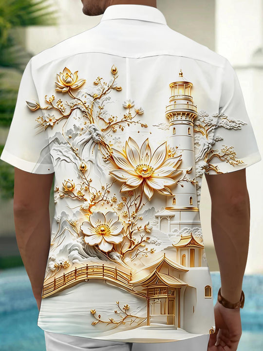 3D Art Gilded Lighthouse Lotus Landscape Pavilion Scenery Men's Pocket Short Sleeve Shirts