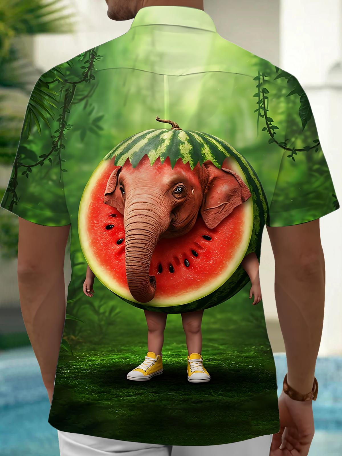 Elephant Watermelon Print Men's Pocket Short Sleeve Shirts