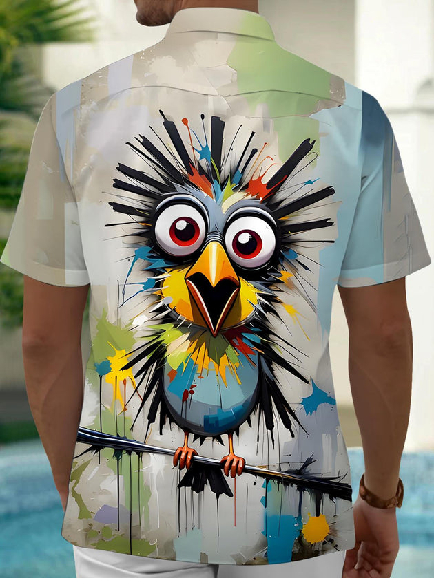 men's short sleeve shirt back view with bird pattern