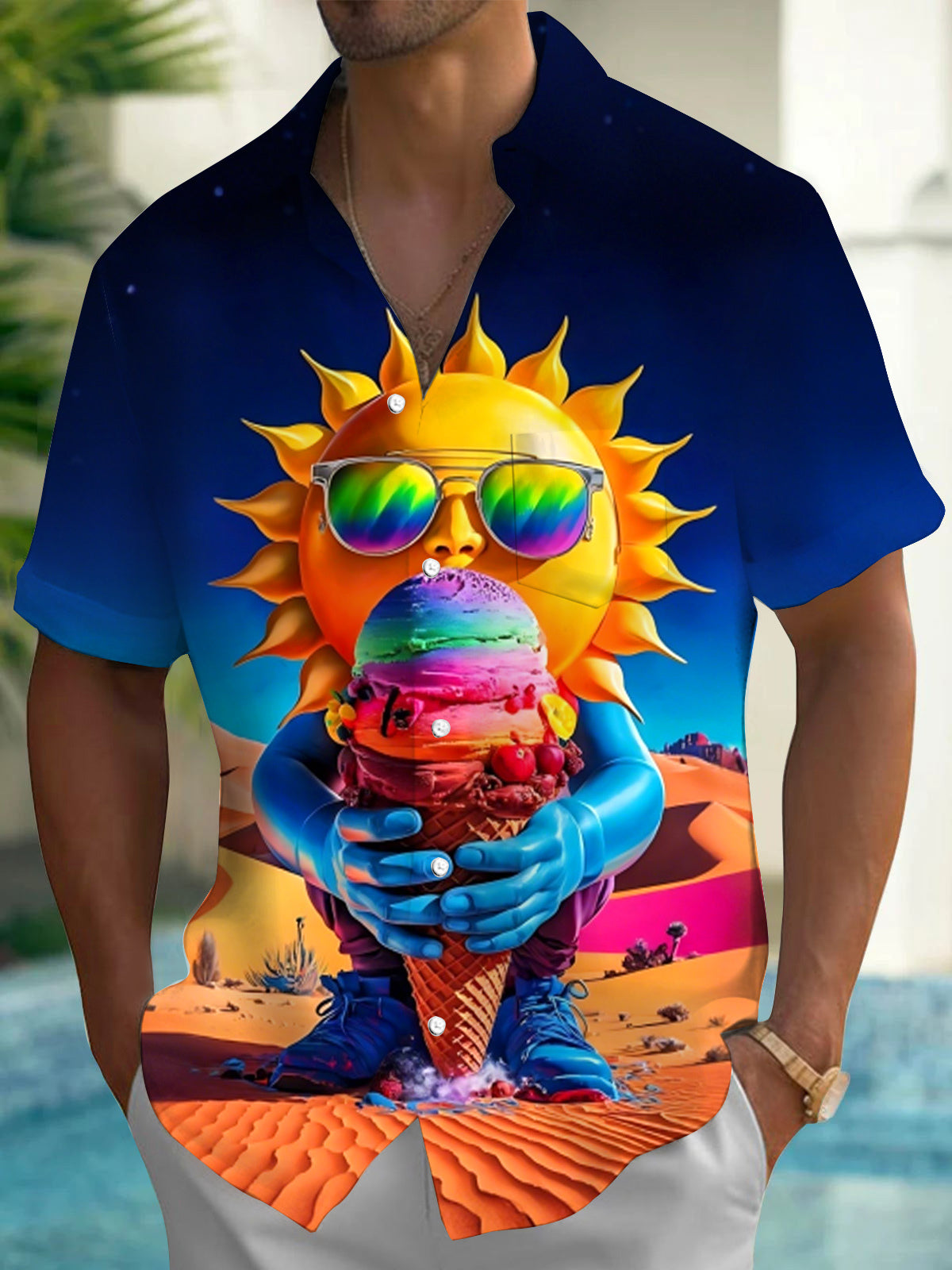 Sun Ice Cream Print Men's Pocket Short Sleeve Shirts