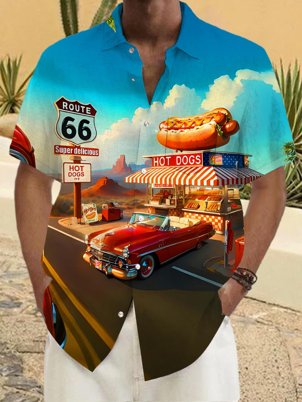 Fun Retro Route 66 Hot Dog Shop Car Men's Pocket Short Sleeve Shirts