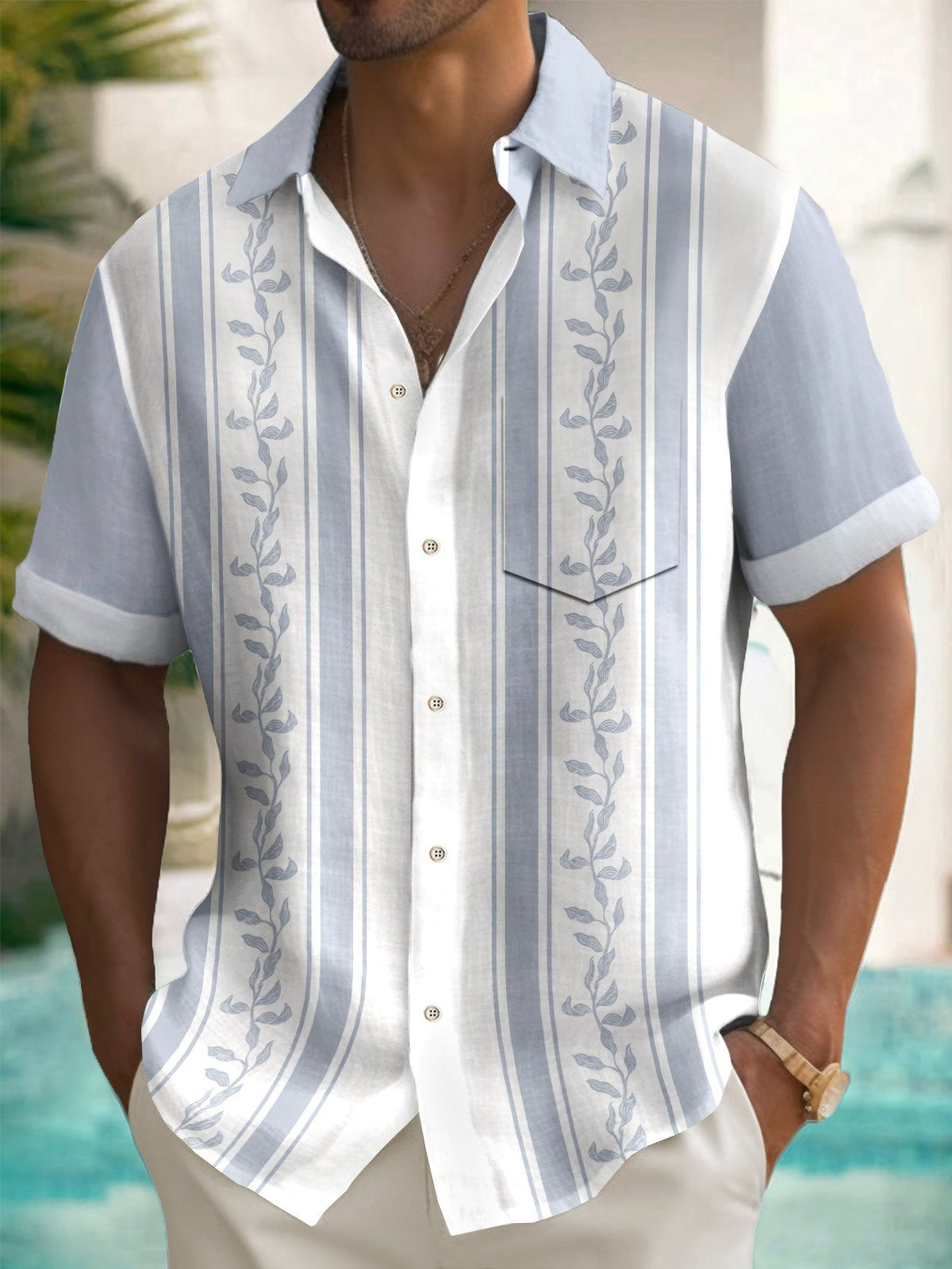 Plant Print Men's Pocket Short Sleeve Shirts