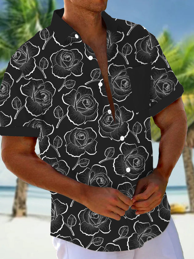 Men's floral print pocket short sleeve shirt front view