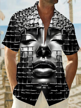 Men's face art print short sleeve shirt front view