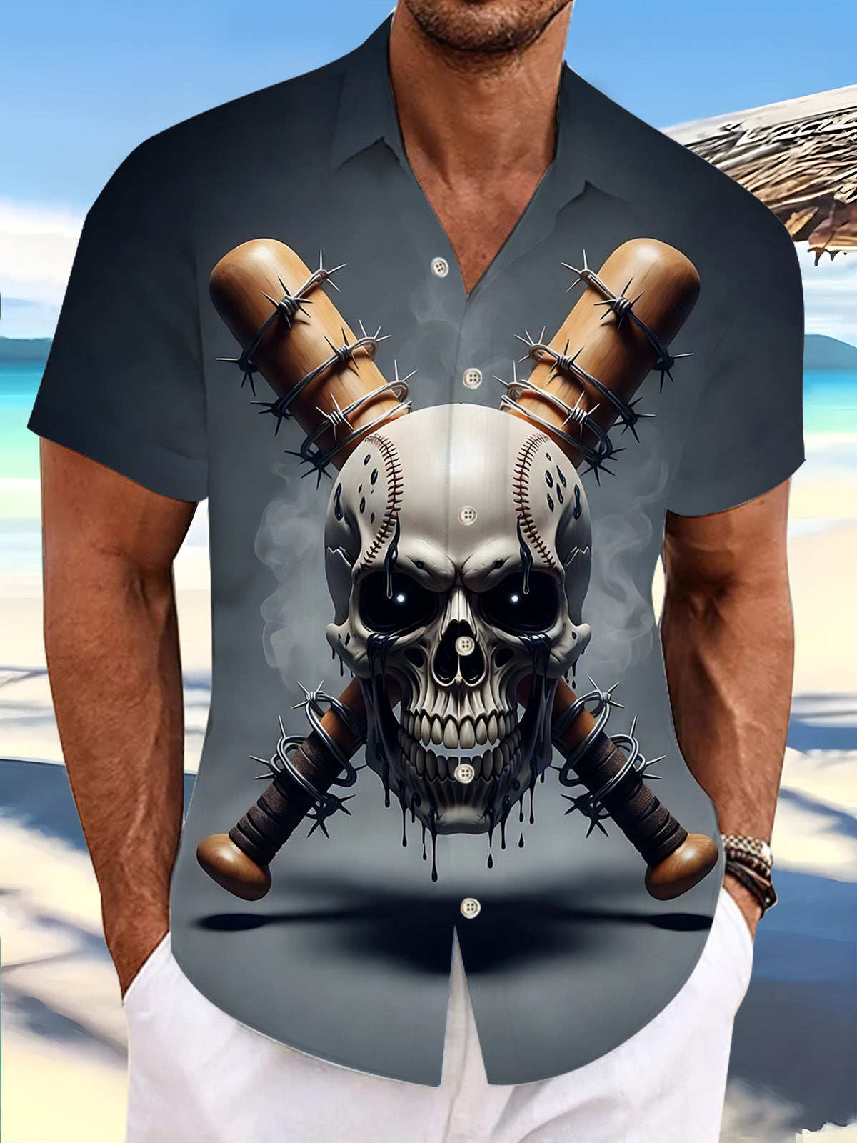 Baseball Skull Print Men's Pocket Short Sleeve Shirts