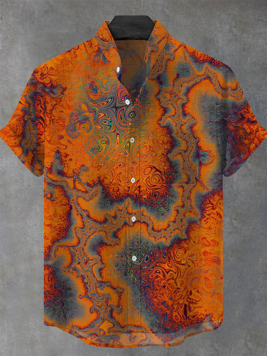 Men's abstract print short sleeve stand collar shirt front view