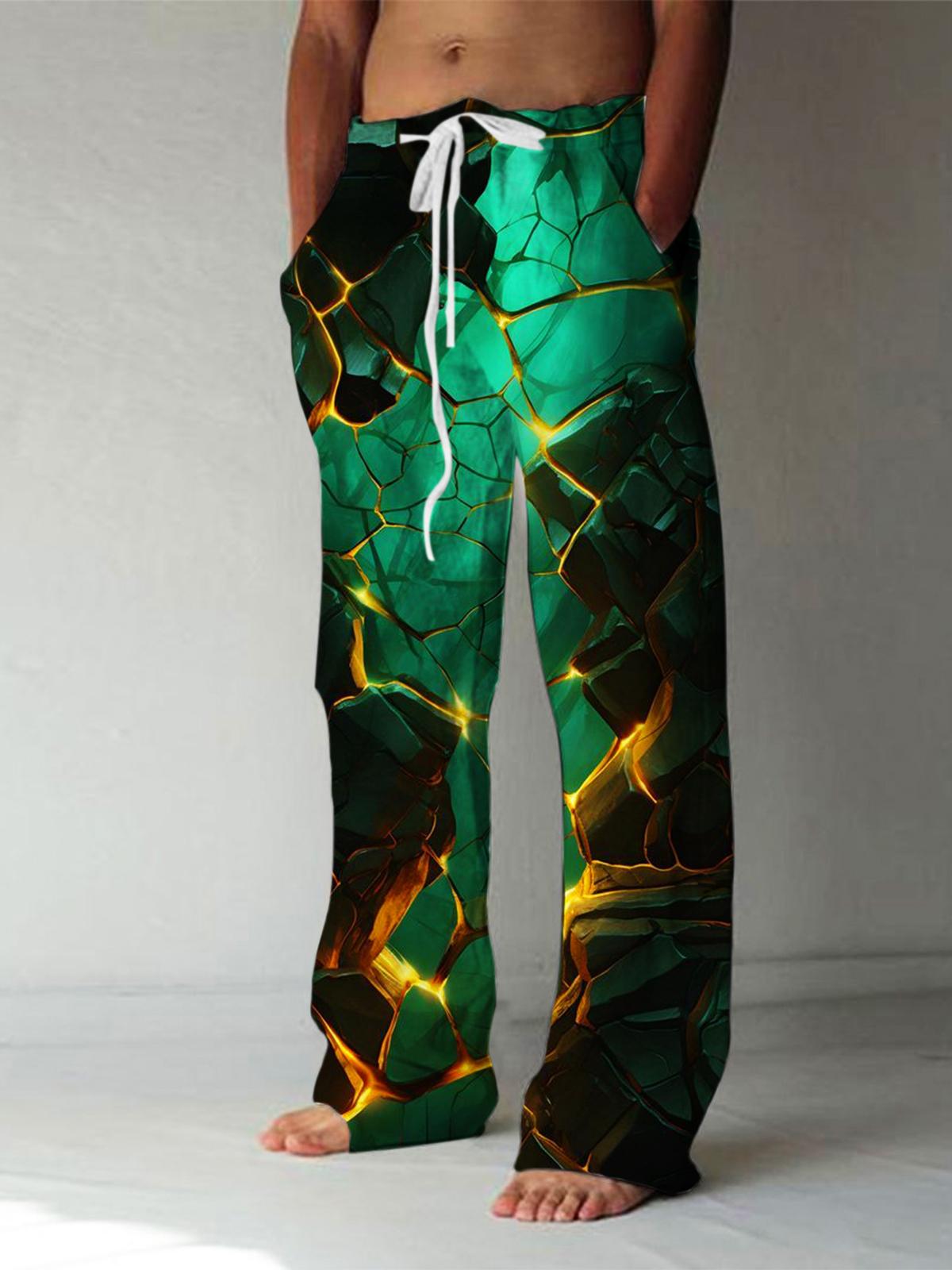 Men's Abstract Print Casual Elastic Waist Pants Front View