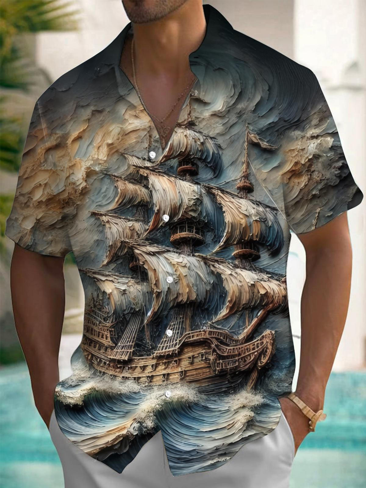 Boat Print Men's Pocket Short Sleeve Shirts
