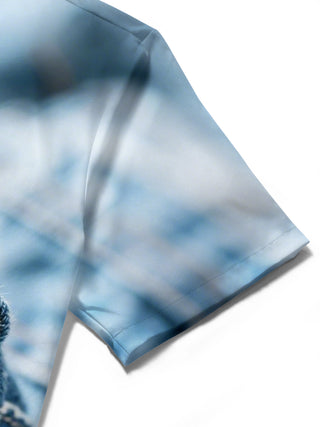 men's frog print short sleeve shirt close-up view of pocket stitching detail