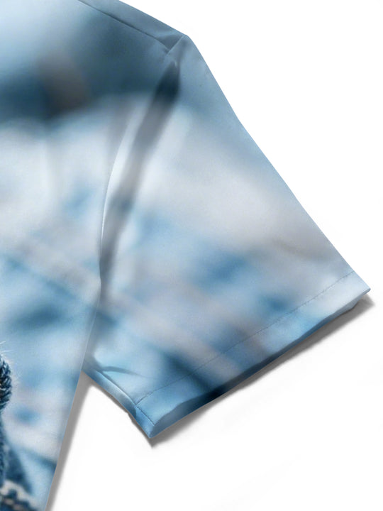 men's frog print short sleeve shirt close-up view of pocket stitching detail