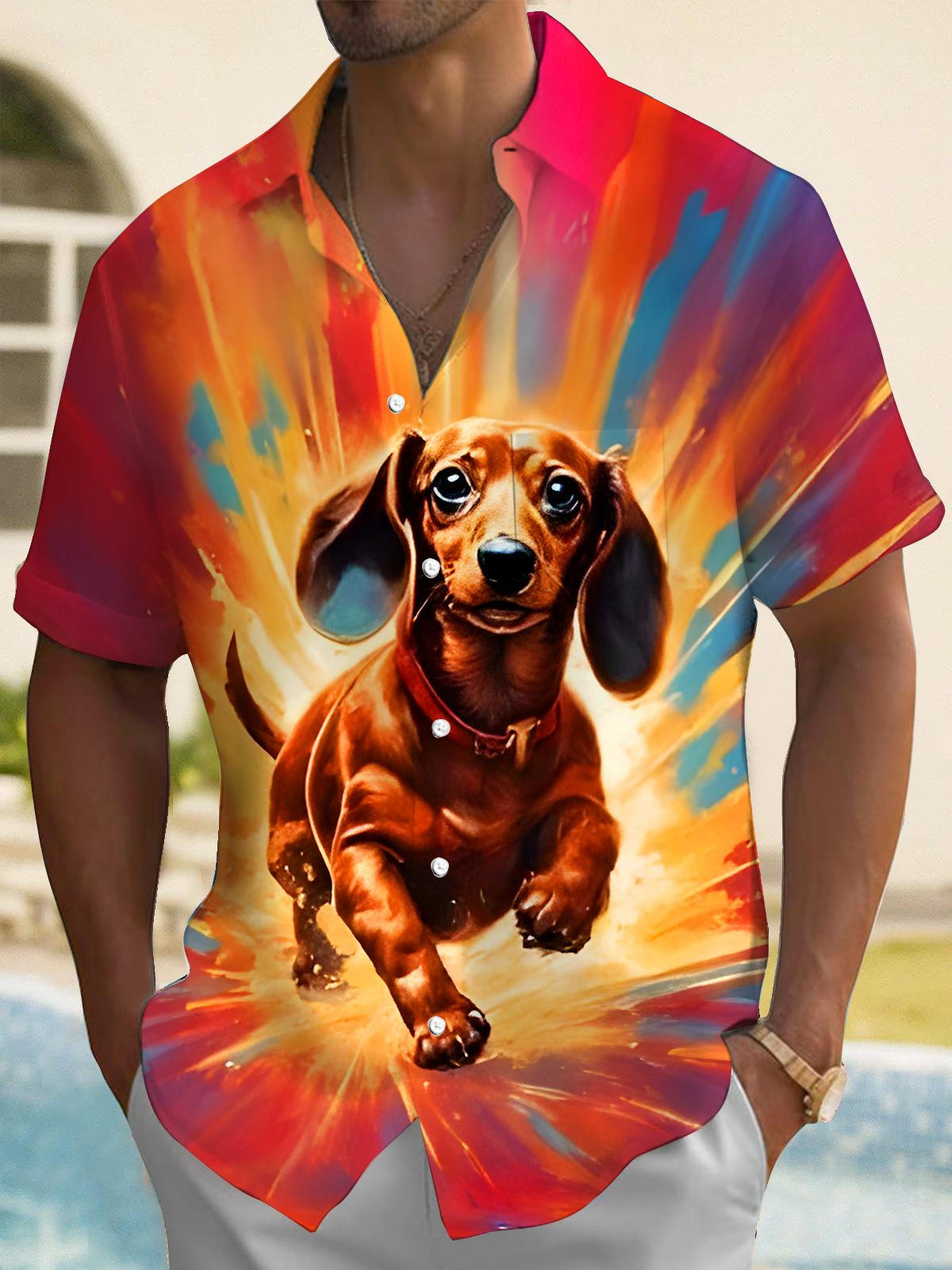 Funny Tie Dye Running Puppy Men's Pocket Short Sleeve Shirts