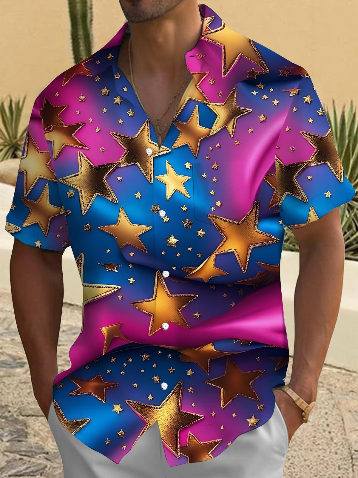 Gradient Star Print Men's Pocket Short Sleeve Shirts
