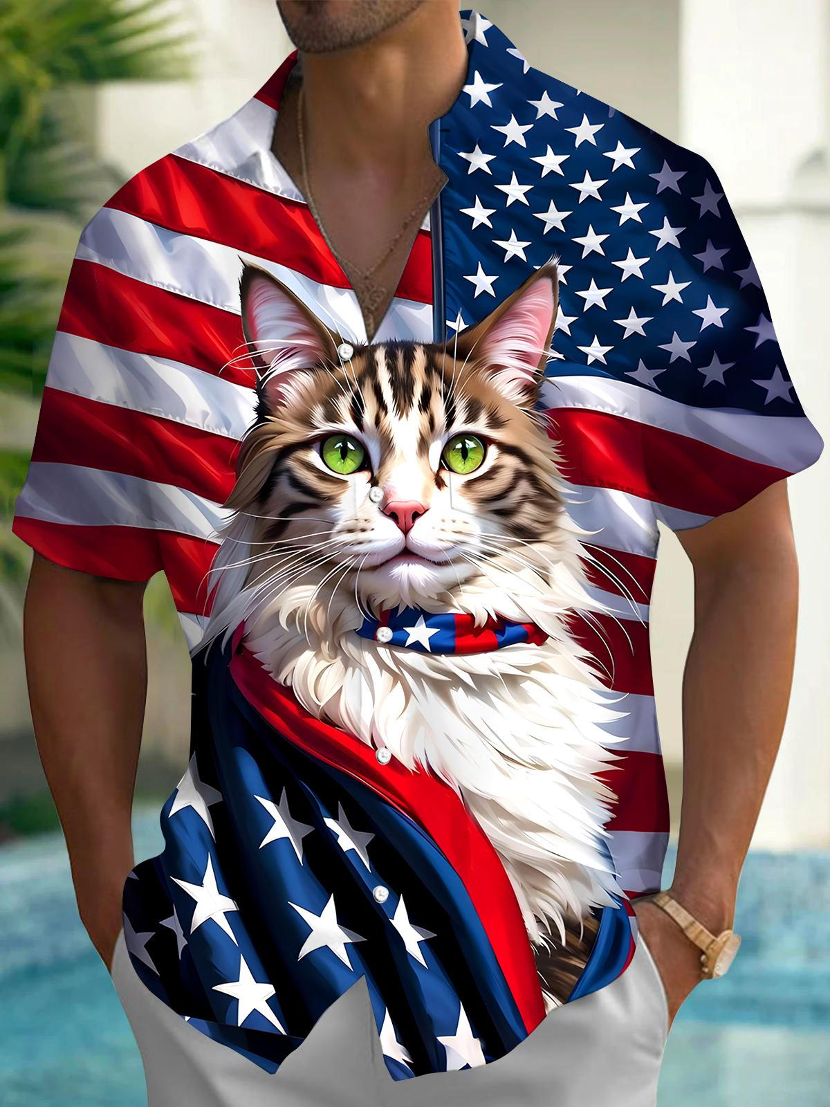 Cat American Flag Men's Pocket Short Sleeve Shirts