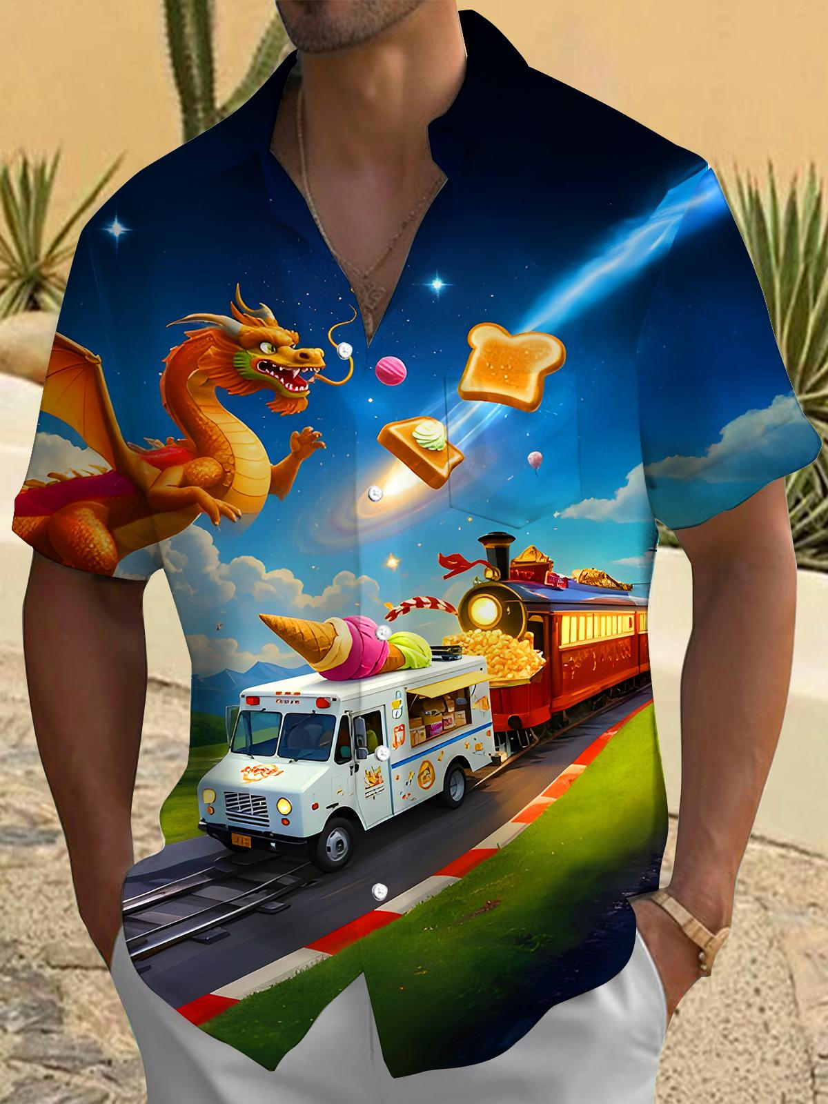 Fun Flying Dragon Dessert Train Men's Pocket Short Sleeve Shirts