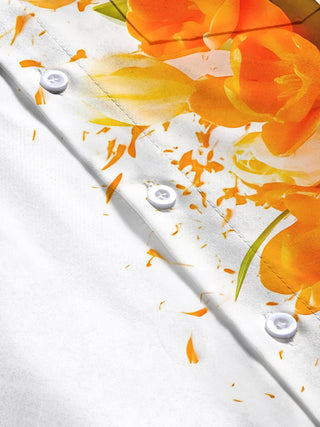 Men's floral short sleeve shirt close-up detail view