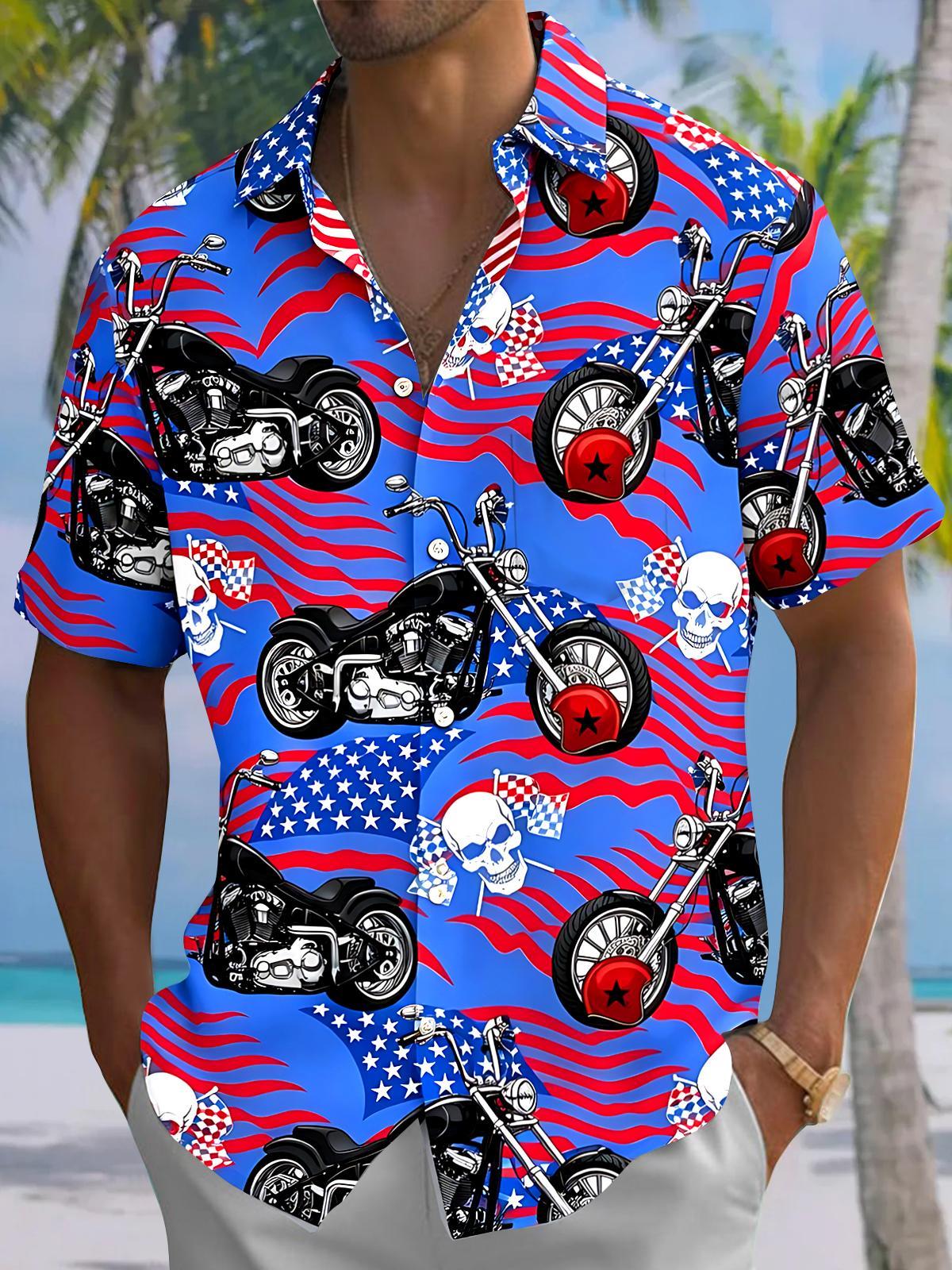 Independence Skull Motorcycle Men's Pocket Short Sleeve Shirts