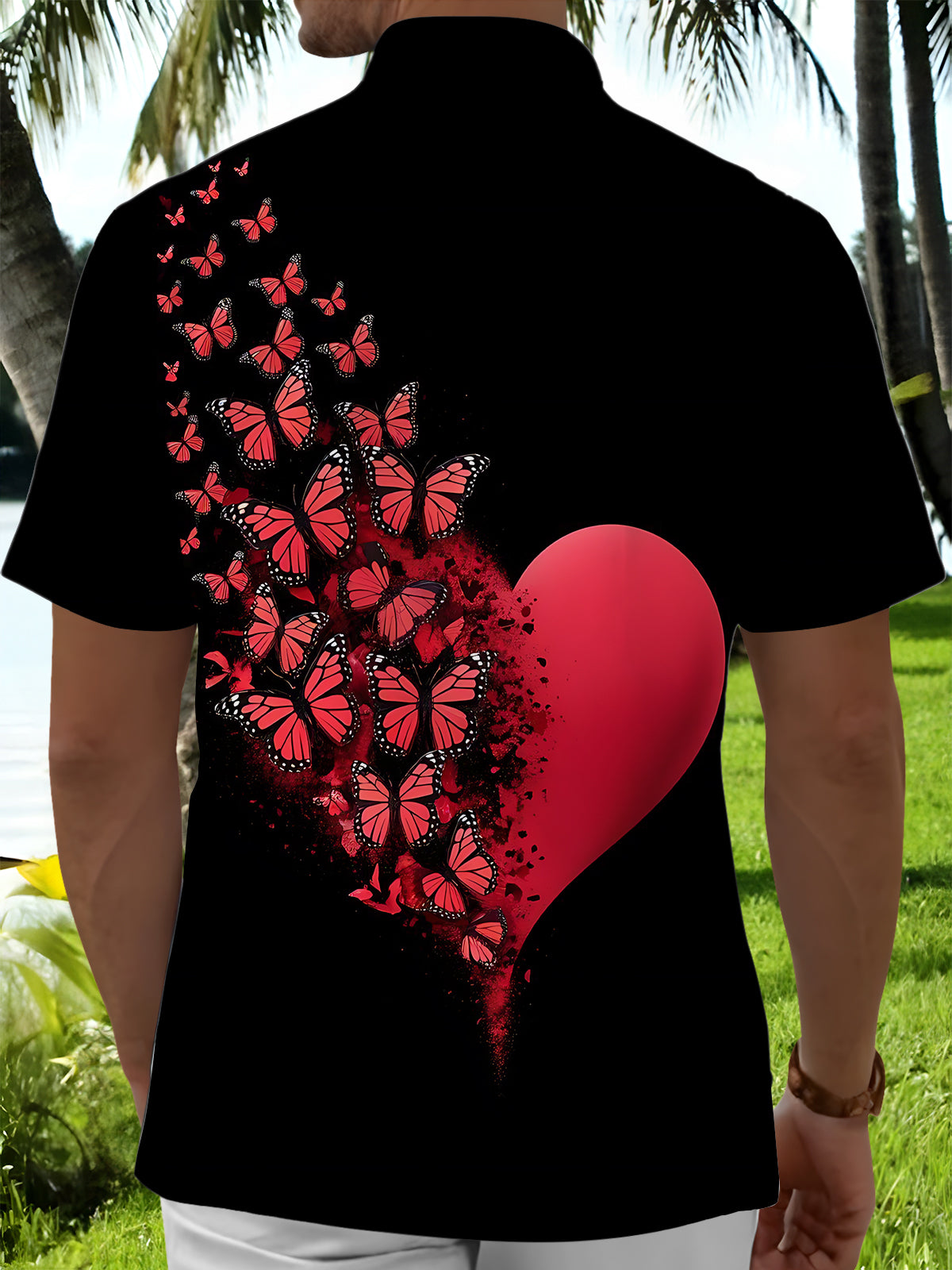 Butterfly Heart Print Men's Pocket Short Sleeve Shirts