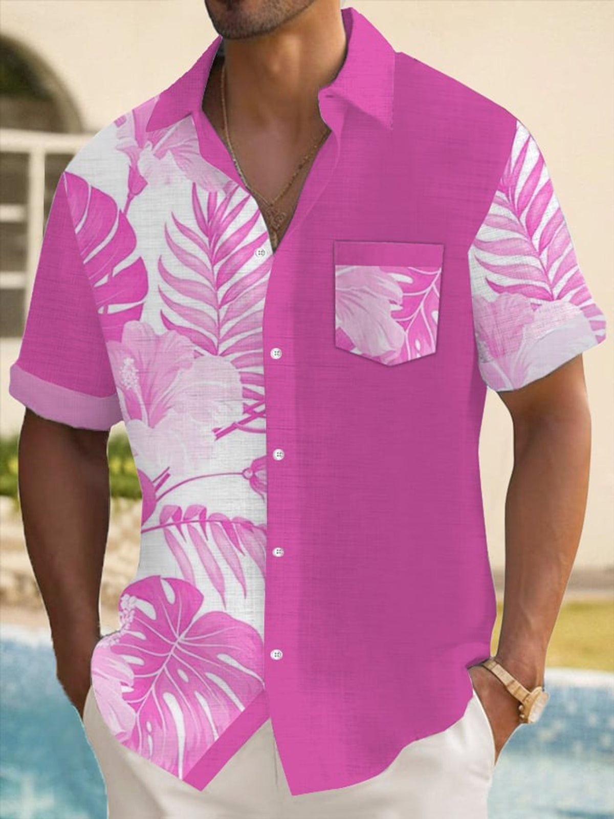 Hawaiian Floral Botanical Print Short Sleeve Men's Shirts With Pocket