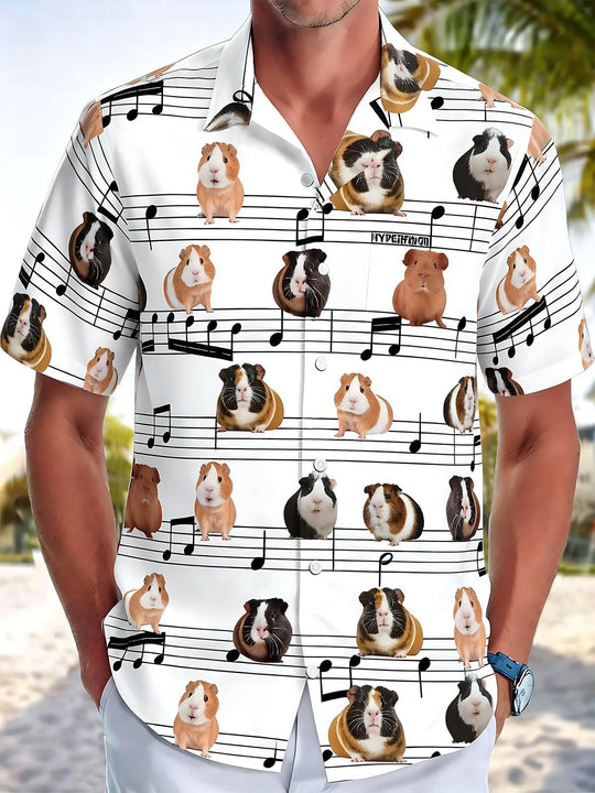 Men's black music note print short sleeve shirt front view