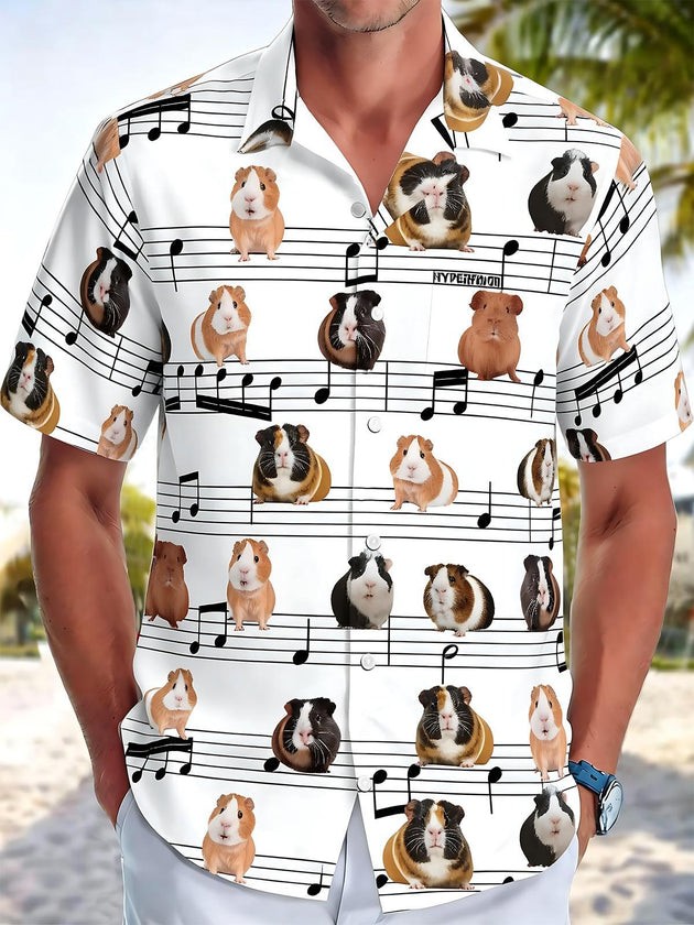 Men's black music note print short sleeve shirt front view