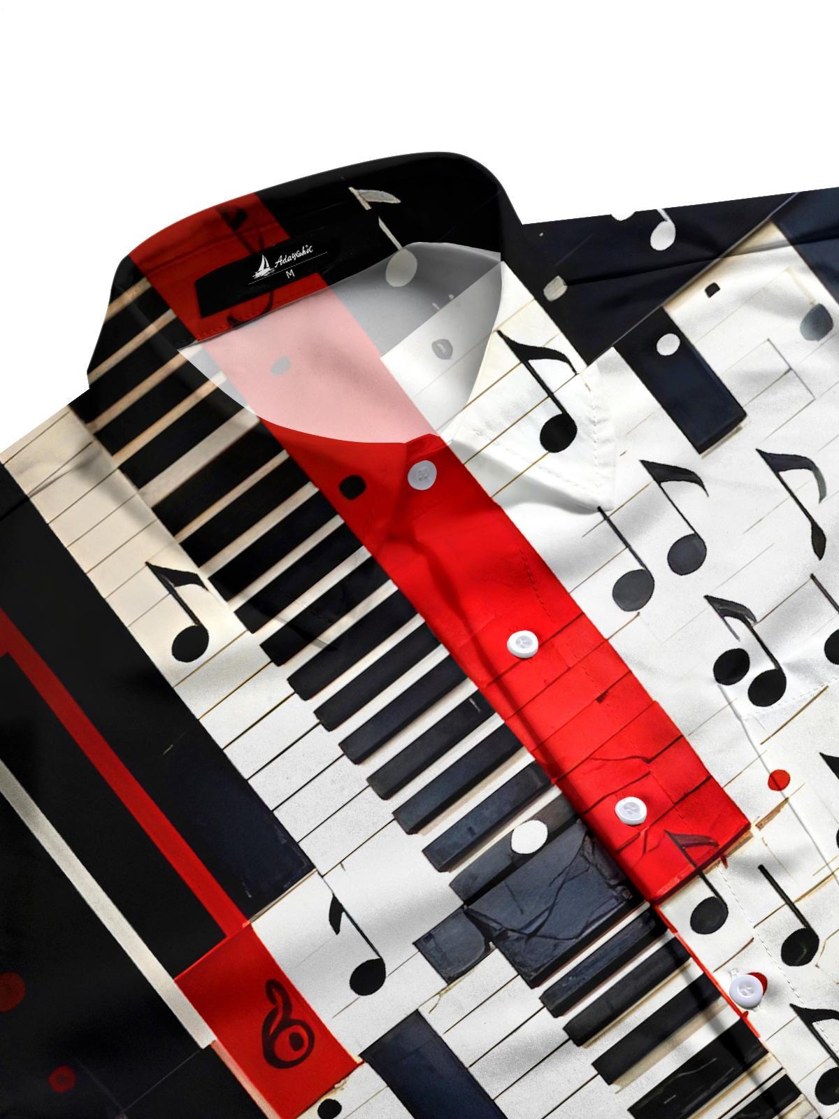 Color Block Piano Music Notes Men's Pocket Short Sleeve Shirts