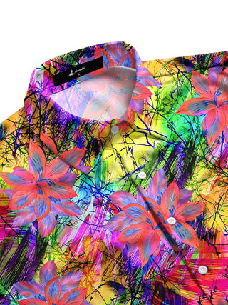 Men's floral tie-dye long sleeve shirt, side view, botanical print