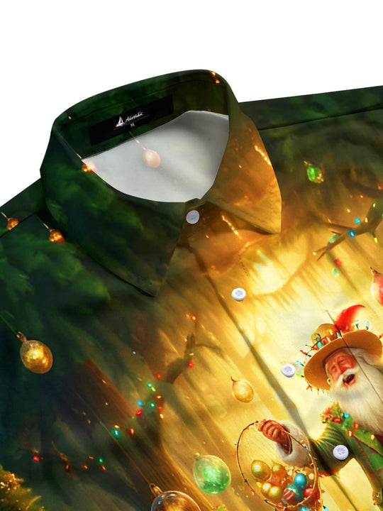 Men's holiday short sleeve shirt side view featuring festive crocodile lobster pattern