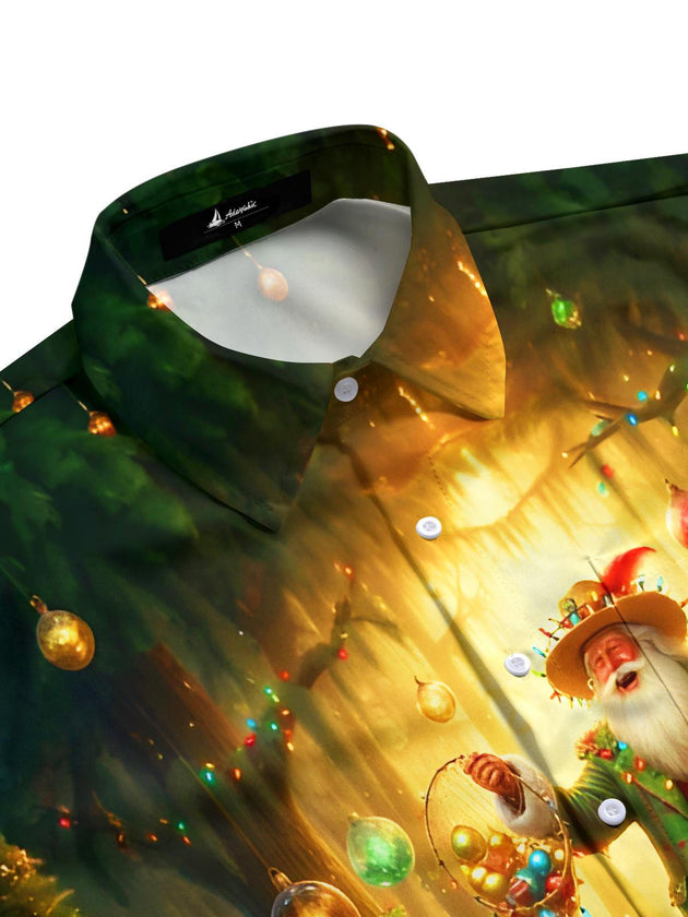 Men's holiday short sleeve shirt side view featuring festive crocodile lobster pattern
