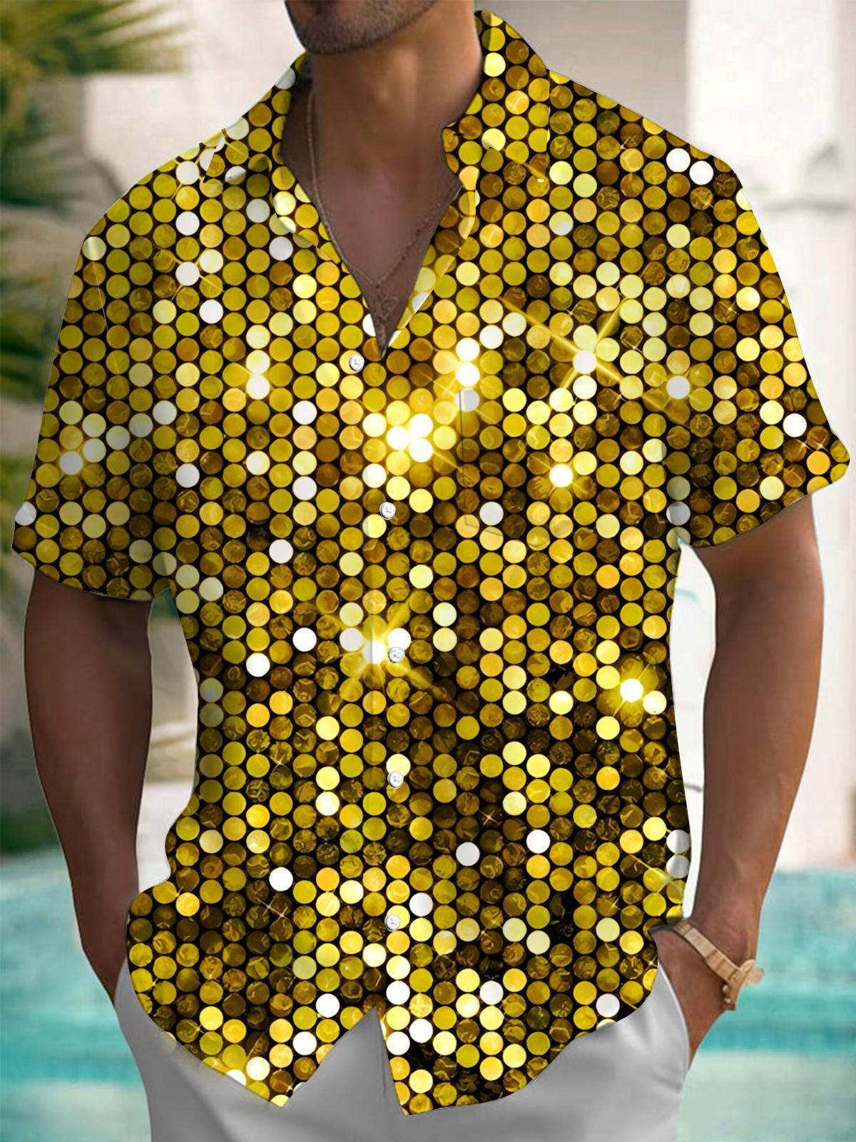 Gold Geometric Circle Print Men's Pocket Short Sleeve Shirts