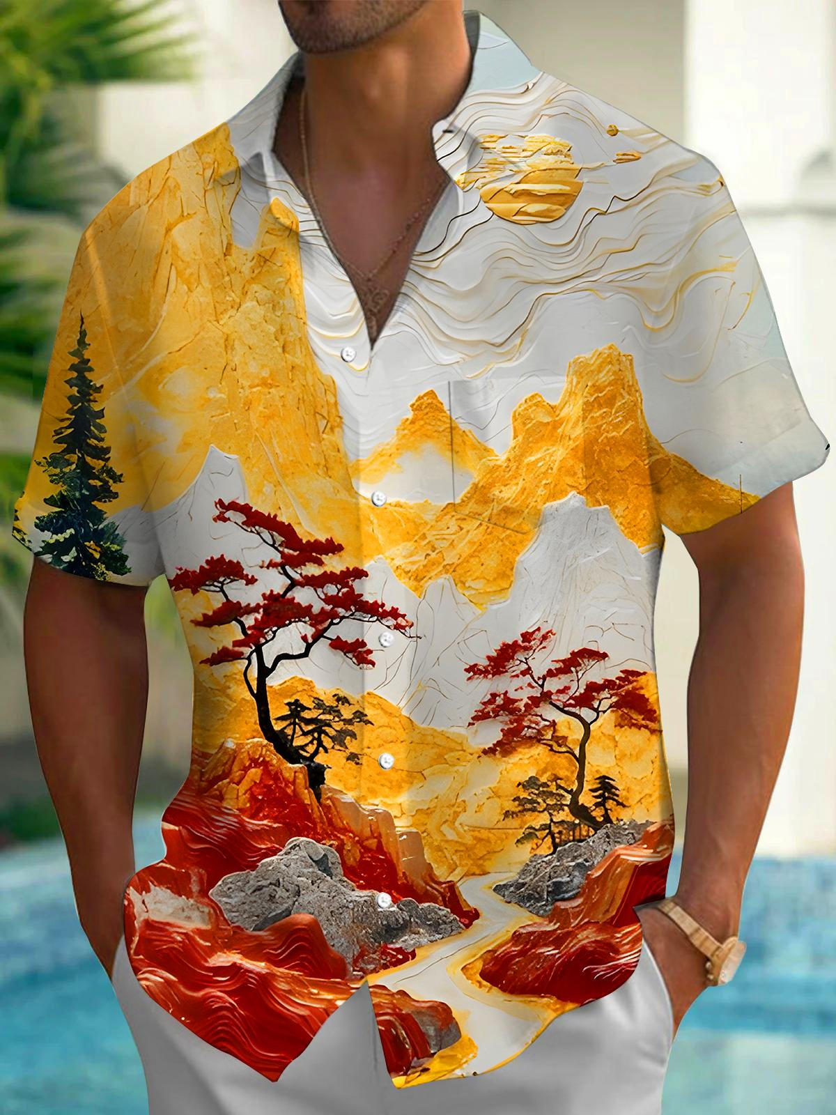 Landscapes Floral Trees Men's Pocket Short Sleeve Shirts