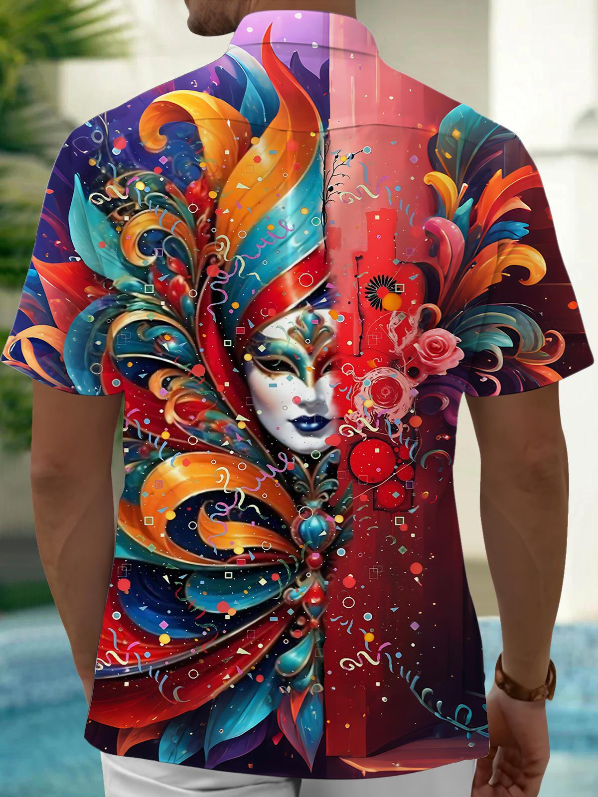 Carnival Mask Print Men's Pocket Short Sleeve Shirts